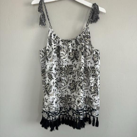 Sundance Catalog Isola Bella Tank Top Woman’s Size L White Black Fringe Tassel - Picture 2 of 9